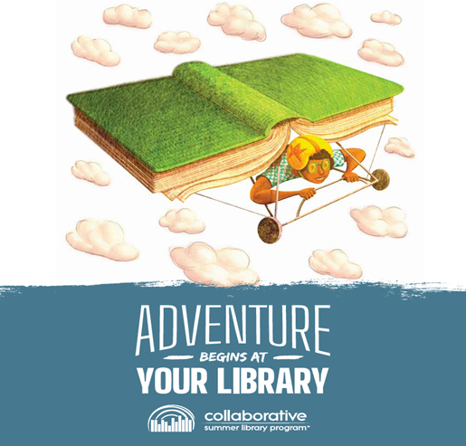 Summer reading logo for adventure begins at your library